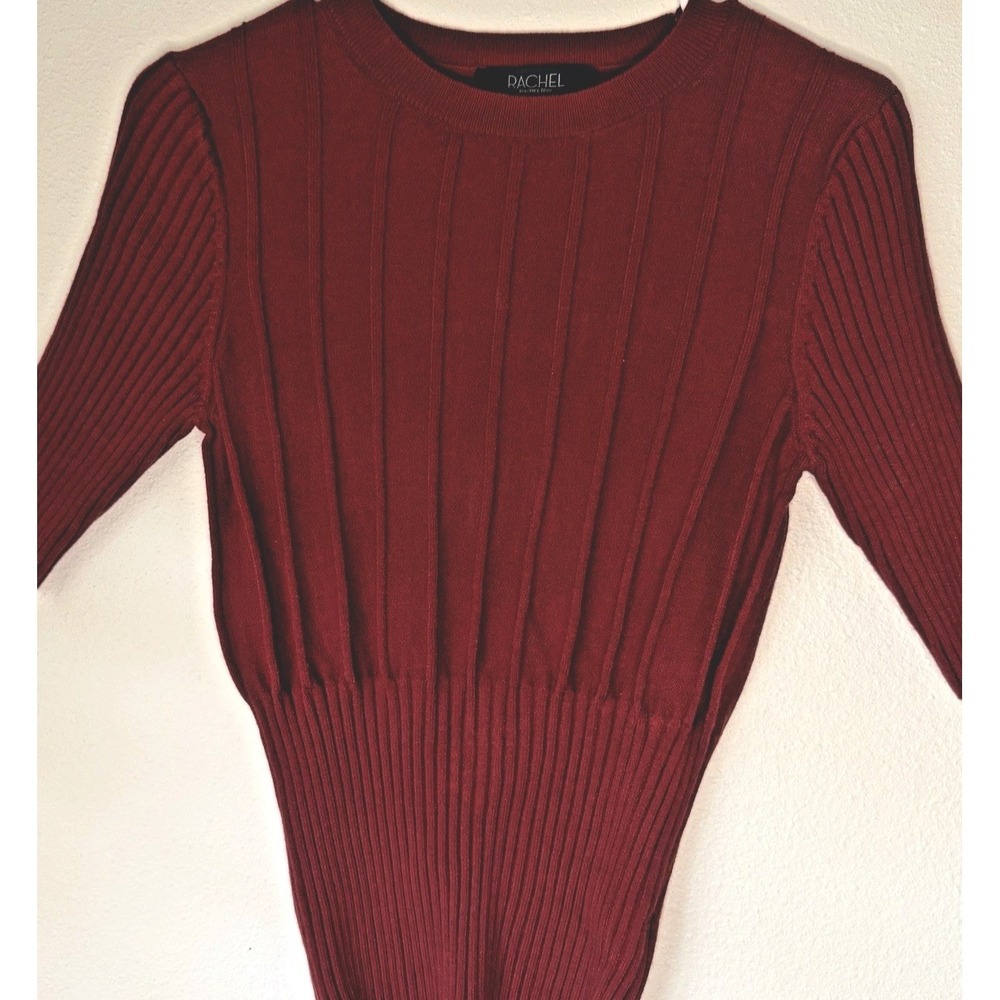 Rachel‎ Zoe Ribbed Knit Top Women's Small Burgundy 3/4 Sleeve Stretch Sweater